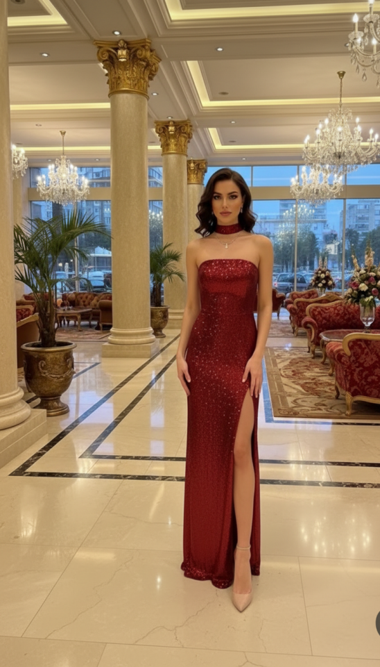 Derin Yırtmaçlı Straplez Full Payet Detaylı Abiye Elbise