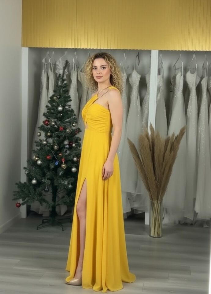 Omuzu Gold Aksesuar Detaylı Derin Yırtmaçlı Şifon Abiye Elbise