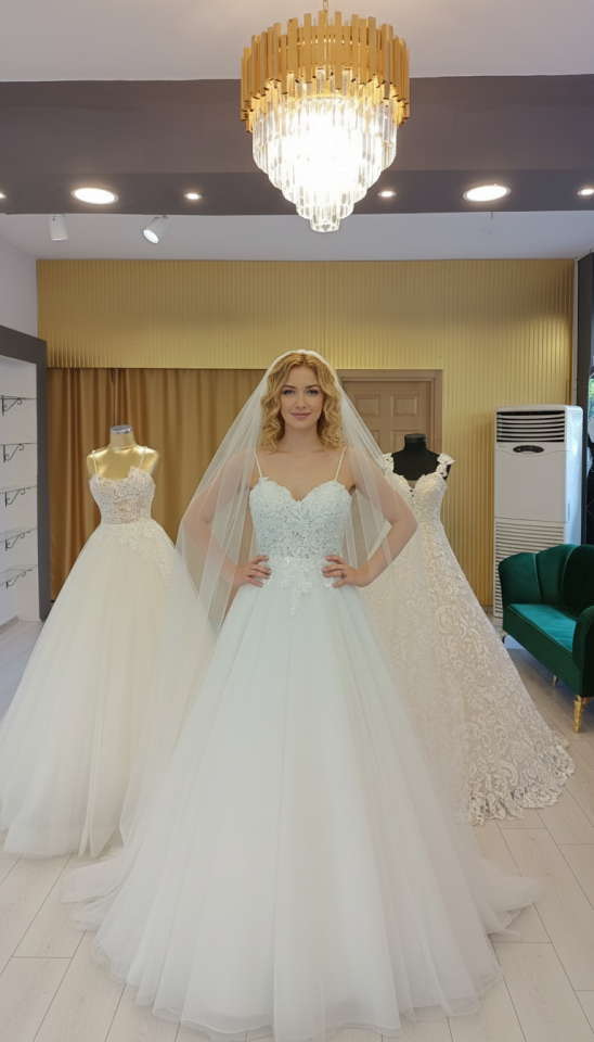 Eteği Tül Detaylı Üst İşlemeli Helen Gelinlik