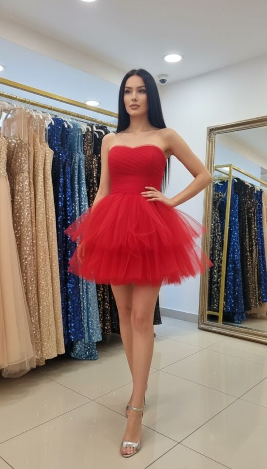 Straplez Mini Tütü Kısa Abiye Elbise
