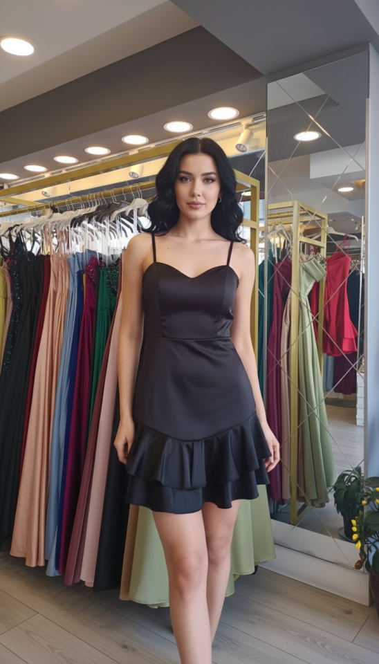 Saten İnce Askılı Etek Ucu Fırfırlı Mini Abiye Elbise
