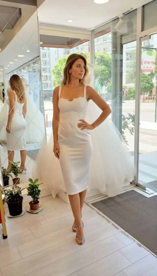 Krep Kumaş Kalın Askılı Göğsü İşlemeli Kalem Model Midi Abiye Elbise
