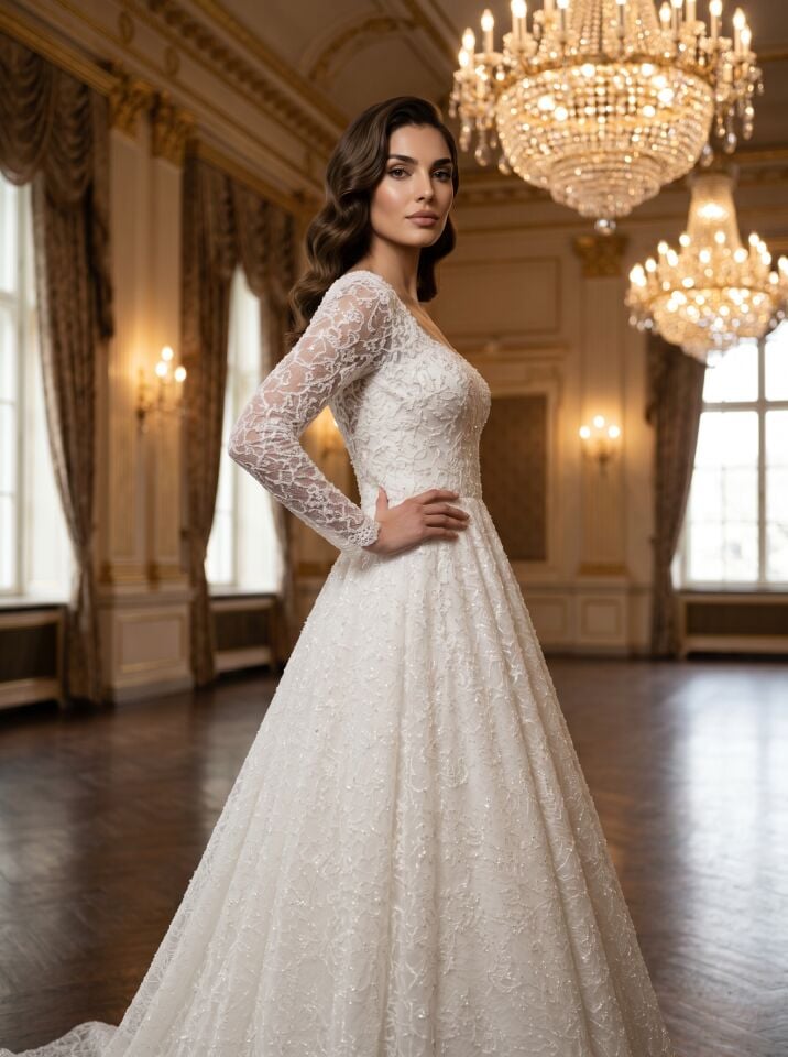 Kare Yaka Uzun Kollu Komple İnci İşlemeli Helen Model Gelinlik