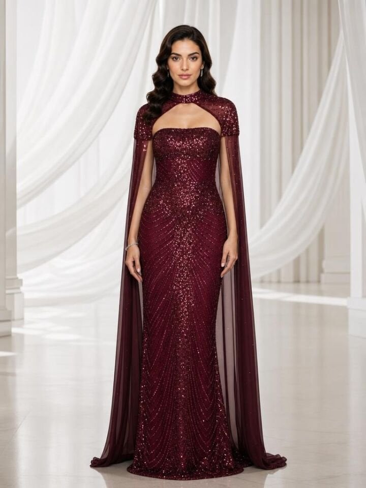 Boncuk Payet İşlemeli Pelerinli Tasarım Abiye Elbise