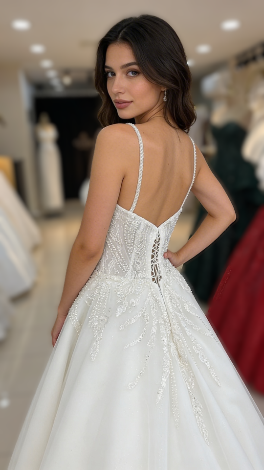 İnce Askılı Üst Beden Transparan  Taş İşlemeli Etek Kısmı Saten Detaylı Helen Model Gelinlik