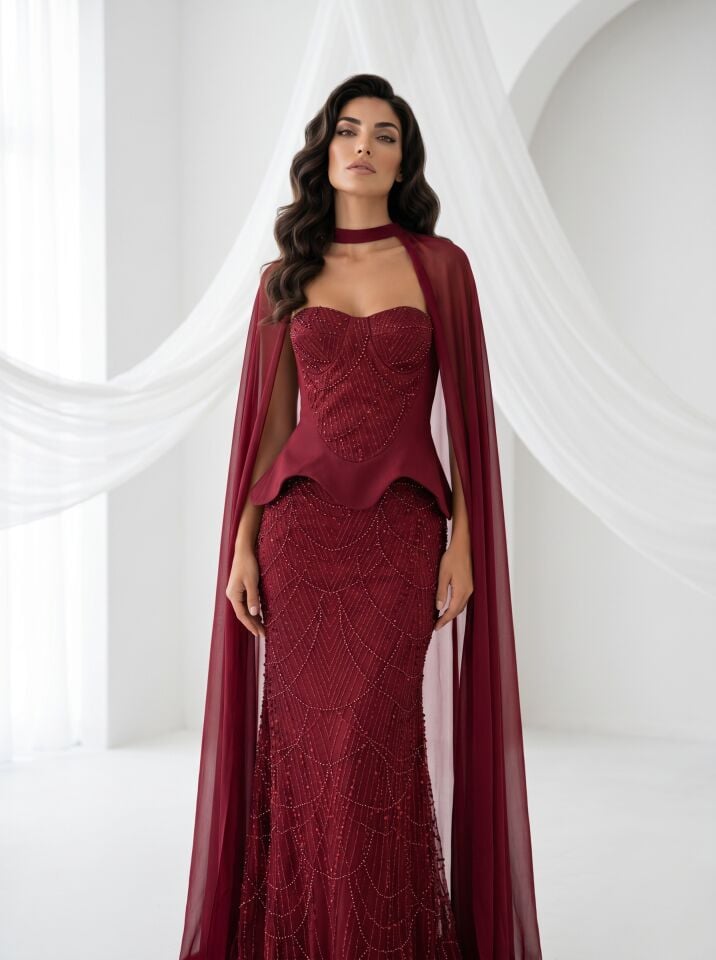 Pelerinli Korse Ve İşleme Detaylı Balık Kesim Bordo Abiye Elbise
