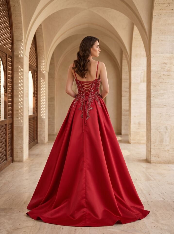 Saten Üstüne İşlemeli Askılı Arkası Biritli Helen Model Özel Dikim Kına Elbisesi