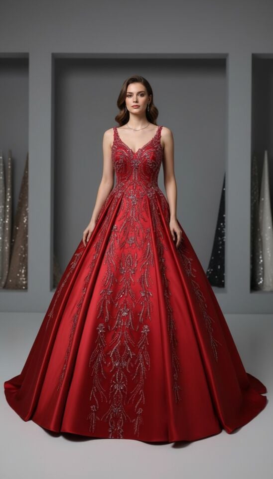 Saten Üstüne İşlemeli Askılı Arkası Biritli Helen Model Özel Dikim Kına Elbisesi