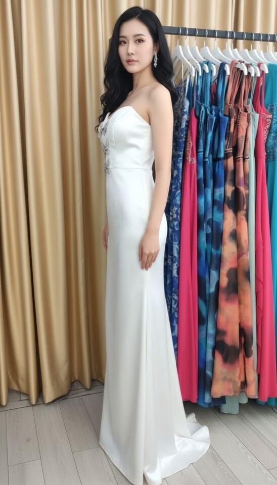 Straplez Kalp Yaka Göğsü Fiyonk Detaylı Balık Model Krep Abiye Elbise